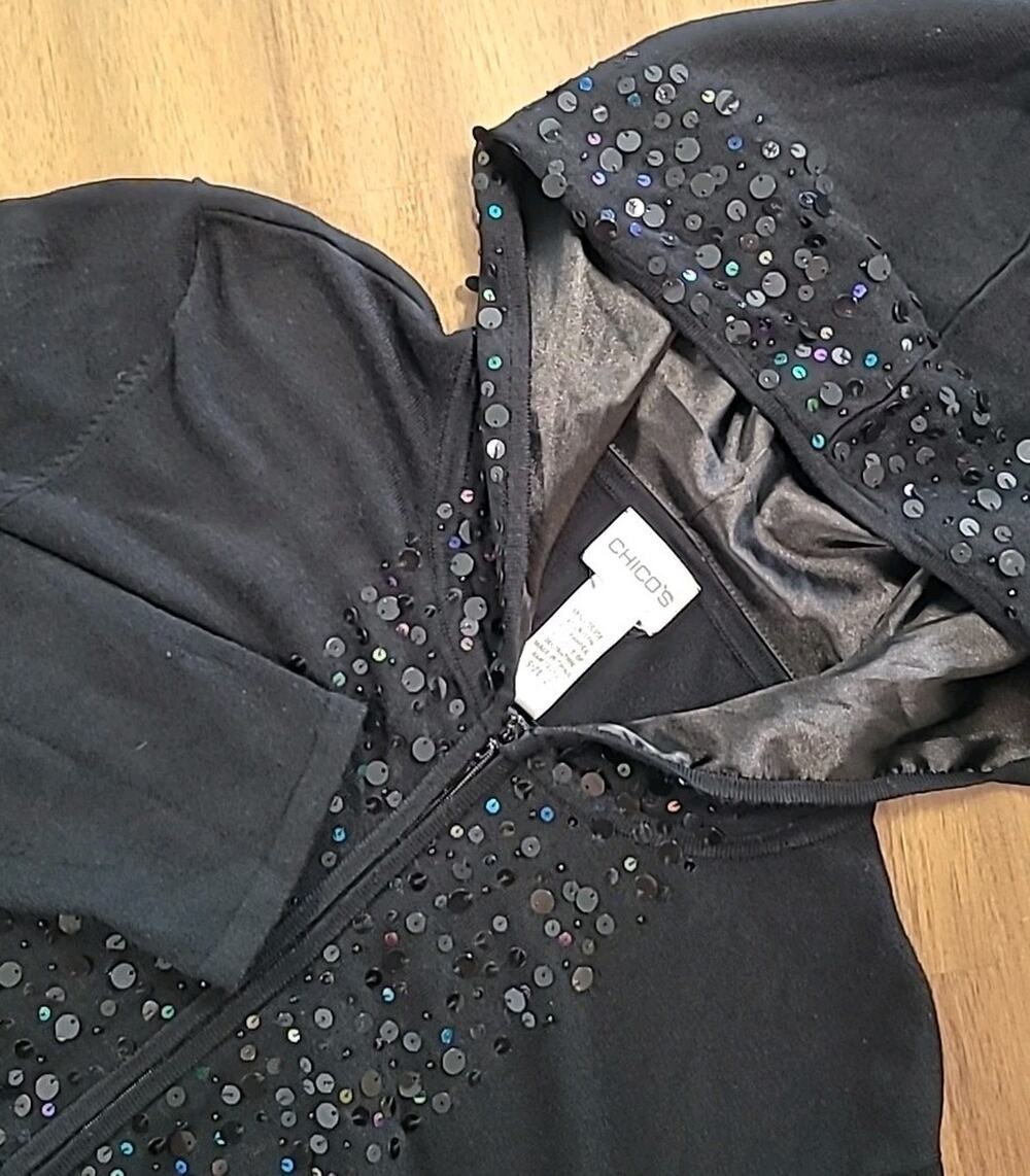 Chicos Sequin Hoodie Black Goth Glam Zip Jacket L Sparkle School Alt Layering